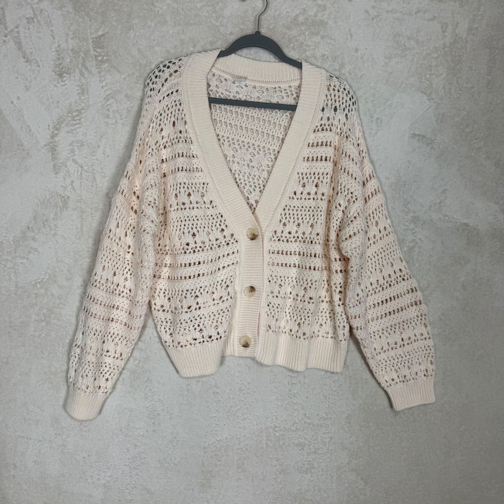 Old Navy Women XL Cream Crochet Knit Cardigan Cotton V-Neck Button Front Sweater
